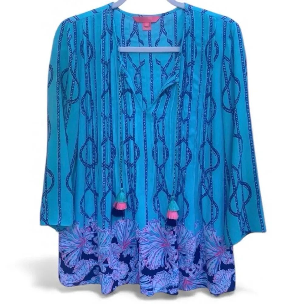 Lilly Pulitzer Blue Pink Tassel Tunic Top Medium Resort Beach Coverup Boho